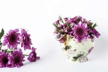 Flowers on white background. Flat lay, top view