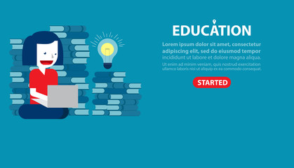 Vector template of education character. Concept education illustration banners. Student sitting with laptop vector, website pages design