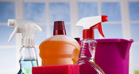 House cleaning with various cleaning tools