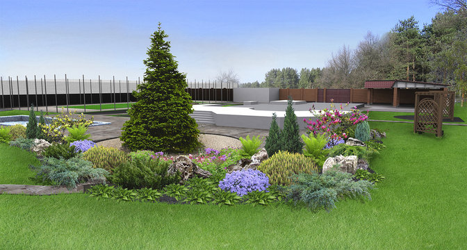 Backyard planting of greenery, 3d render