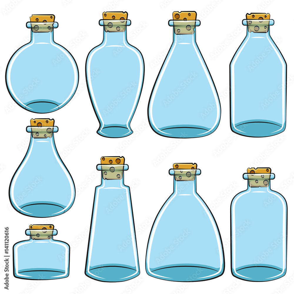 Poster set of color cans, vials, bottles. isolated vector objects on white background.