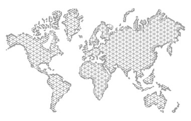 Мap of world with trendy triangles design. Polygon Mesh of Earth Map. Vector Background.