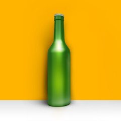 Clean green bottle of beer in corner room or studio. Studio illustration. Front view. 3D render.