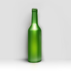 Clean green bottle of beer in corner room or studio. Studio illustration. Front view. 3D render.