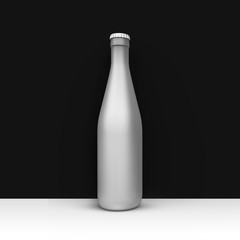 Glass bottle for liquid or juice in corner of empty room. Studio illustration. Front view. 3D render.