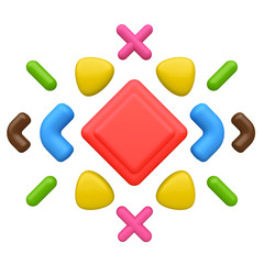 Abstract ethnic tribal pattern, simple geometric shapes isolated on white background. Cartoon cute children forms. Colorful funny realistic glossy style. Plastic reflective material. 3D render.