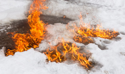 fiery flame on the white snow in winter