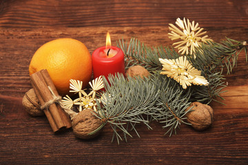 Christmas decorations and ornament on wooden background
