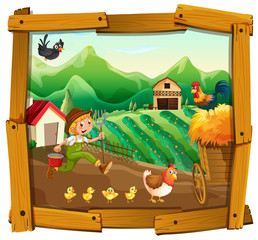 Farmer and chickens in the farm