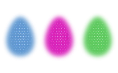 Three bright Easter eggs. Happy Easter. Christ Is Risen. 3 colors: blue, red, green. blurry egg. halftone effect. white, festive background. vector illustration
