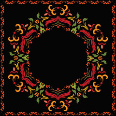 bright rainbow round frame  in the Russian folk style on a black background