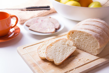 Homemade ham from chicken and homemade white bread. Breakfast. Selective focus.