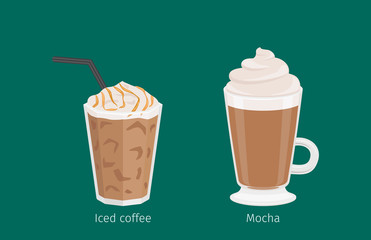 Mocha and Iced Coffee Drinks Cartoon Illustration