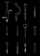 Several wood carving tools, a white outline on a black background. 