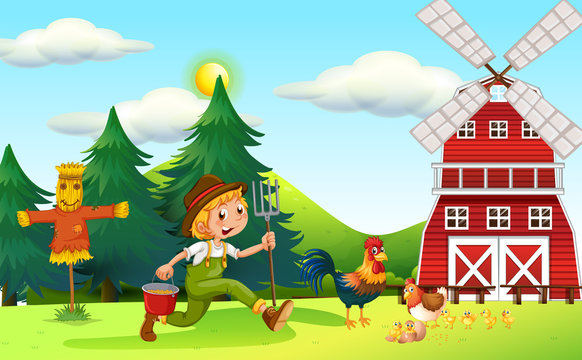 Scene with farmer and windmill