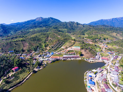 Aerial view of  Tribe vollage and lake on the mountain