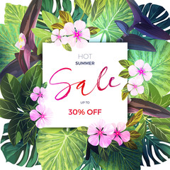 Obraz premium Summer tropical sale design with exotic palm leaves and pink flowers. Jungle vector floral template.