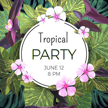 Customizable vector floral design template for summer party. Tropical flyer with pink and purple exotic flowers and green palm leaves.