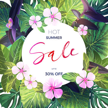 Bright green vector tropical background with pink and purple flowers. Exotic summer sale banner design.