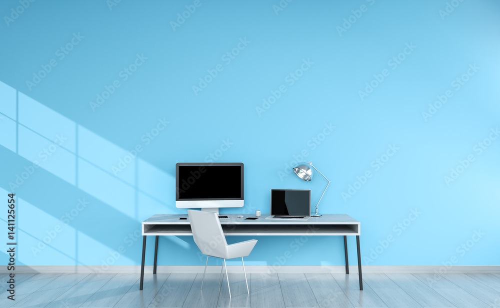 Poster modern blue desktop interior with devices 3d rendering