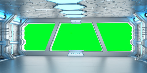 Spaceship blue and white interior 3D rendering