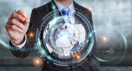 Businessman using hologram screen with digital data