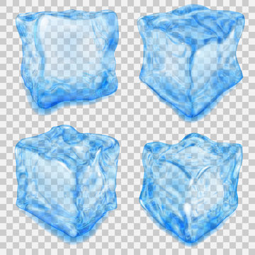Set of transparent light blue ice cube. Transparency only in vector file