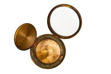 Old women powder box with mirror in copper vintage on white background