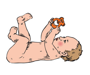 Naklejka premium Newborn baby is playing with rattle toy, hand drawn doodle, sketch in pop art style, vector color illustration