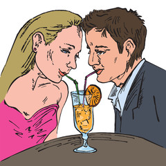 A loving couple together drinking cocktail straws, hand drawn doodle, sketch in pop art style, vector color illustration