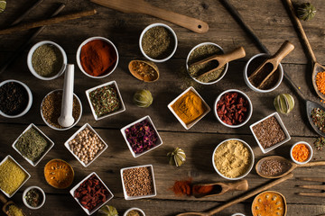Various of colorful spices on wooden table. place for typography