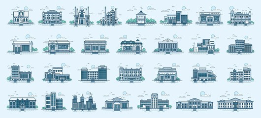 Vector set isolated icons architecture buildings linear style