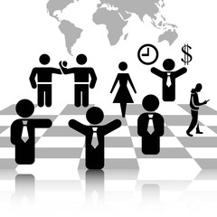 Business people team crowdy walk silhouette concept businesspeople group human resources over world map background vector icon