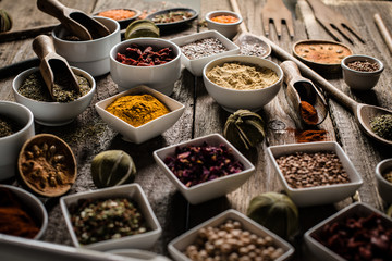 Various of colorful spices on wooden table. place for typography