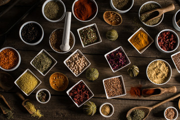 Various of colorful spices on wooden table. place for typography