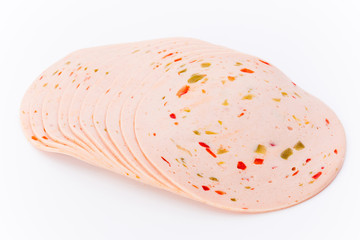 Sliced boiled ham sausage isolated on white background, top view.