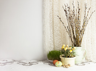  Holiday background with traditional Easter eggs, willow branches, grass, yellow crocus