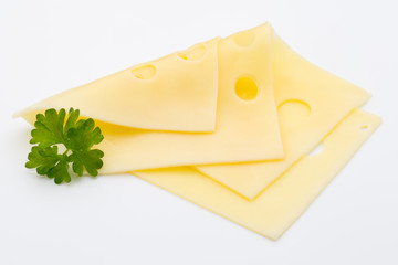 Cheese slices on white background cutout.