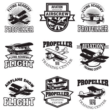 Set of air force, airplane show, flying academy emblems. Vintage planes. Design elements for logo, badge, label. Vector illustration.