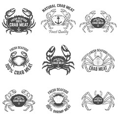 Set of crab meat labels. Fresh seafood. Design elements for logo, label, emblem, sign. Vector illustration.