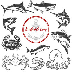 Set of seafood icons isolated on white background. Octopus, crabs, lobster, tuna. Design elements for logo, label, emblem, sign, brand mark. Vector illustration.