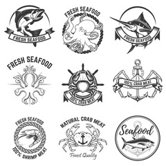 Set of the seafood labels isolated on white background. Design element for logo, label, badge, sign. Vector illustration.
