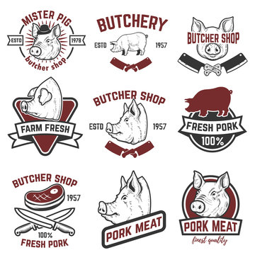 farm fresh pork meat emblems. Design elements for logo, label, sign. Vector illustration.