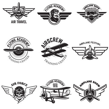 Set of air force, airplane show, flying academy emblems. Vintage planes. Design elements for logo, badge, label. Vector illustration.