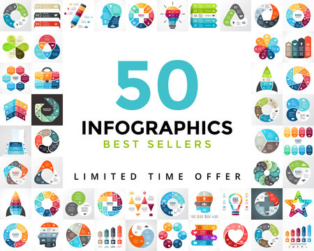 Vector circle infographics set. 50 best seller. Business diagrams, arrows graphs, startup logo presentations and idea charts. Data options, parts, 3, 4, 5, 6, 7, 8 steps or processes.