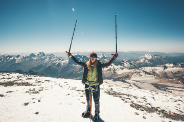 Woman climber reached Elbrus mountain summit Travel Lifestyle success concept adventure active vacations outdoor mountaineering sport alpinism happy emotions