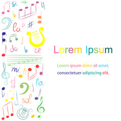 Fototapeta premium Colorful Hand Drawn Set of Music Symbols. Doodle Treble Clef, Bass Clef, Notes and Lyre. Template for Fliers, Banners, Badges, Stickers and Advertising Actions.. Vector Illustration.