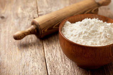 Flour in a wooden bowl