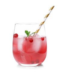 Glass of delicious wine spritzer on white background