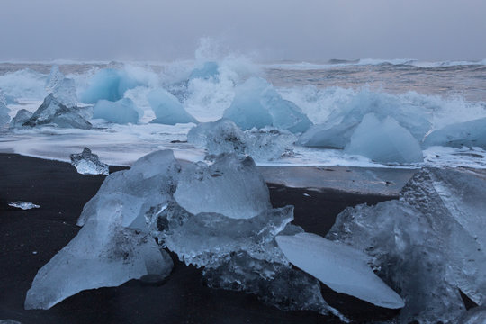 glacial ice on a black sand beach, Iceland